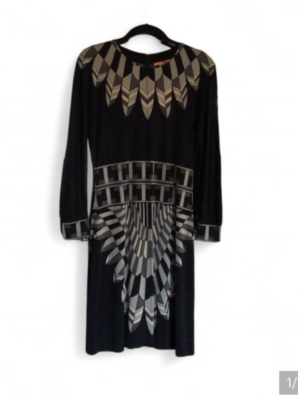 Tory Burch sz Medium silk jersey Black gray Print Long Sleeve Dress minimalist